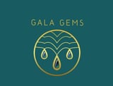Gala Gems logo featuring a gold circular emblem with stylized gem drops on a teal background